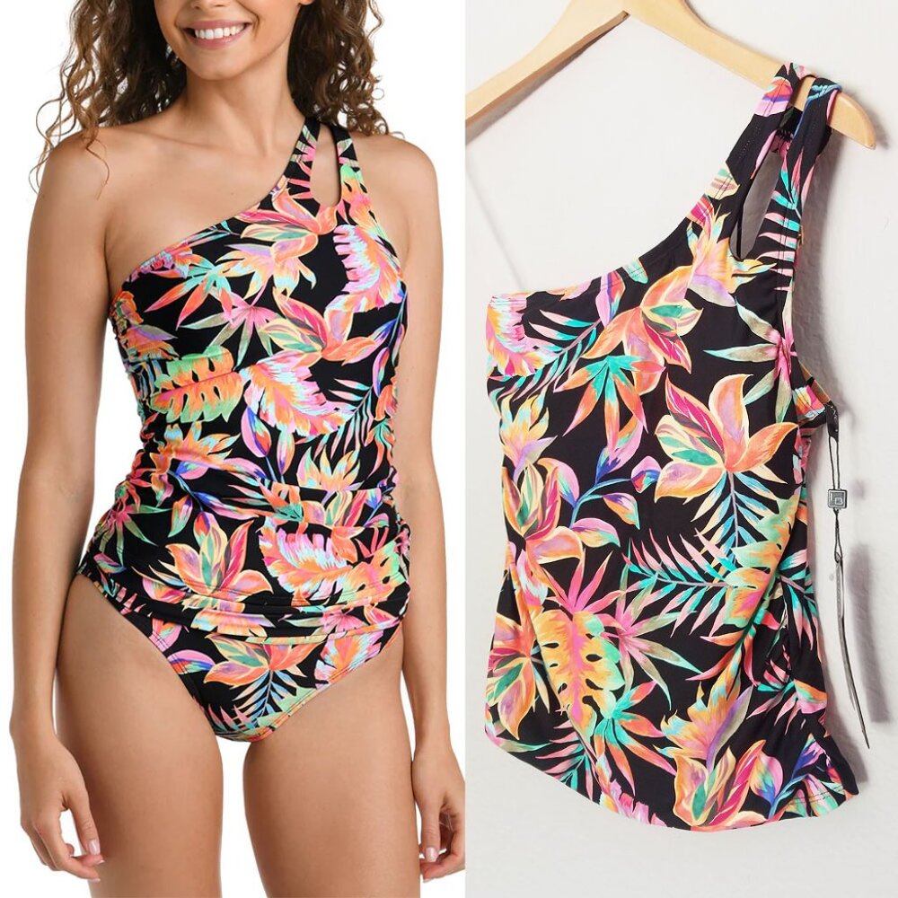 NEW La Blanca Best Escape Tropical Floral Printed One-Shoulder Tankini Top $105